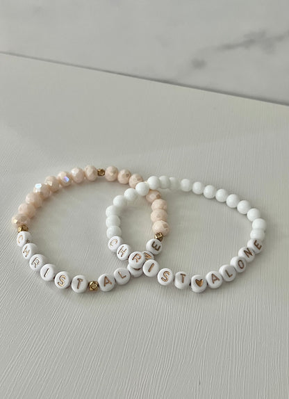 Christ Alone white stone or peach faceted beaded bracelet