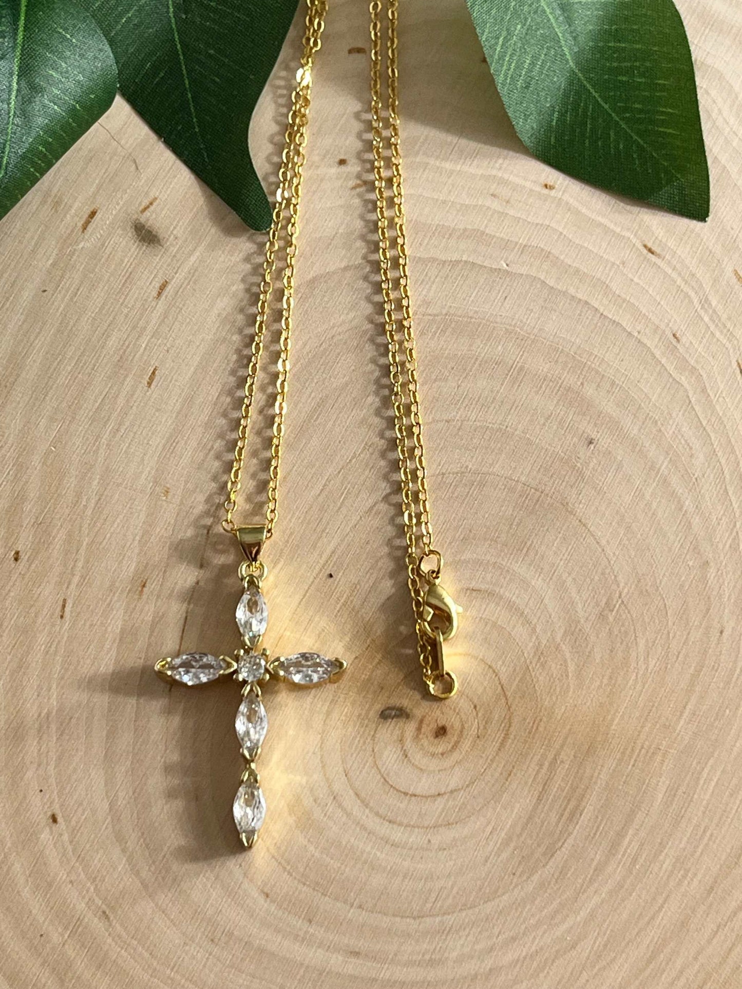 18K gold necklace with crystal cross pendant, elegant Christian jewelry