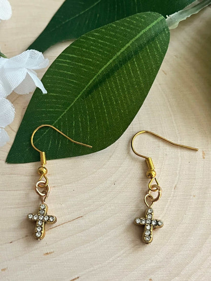 Gold Earrings with jeweled cross design – Christian jewelry by Saved by Christ Design.

