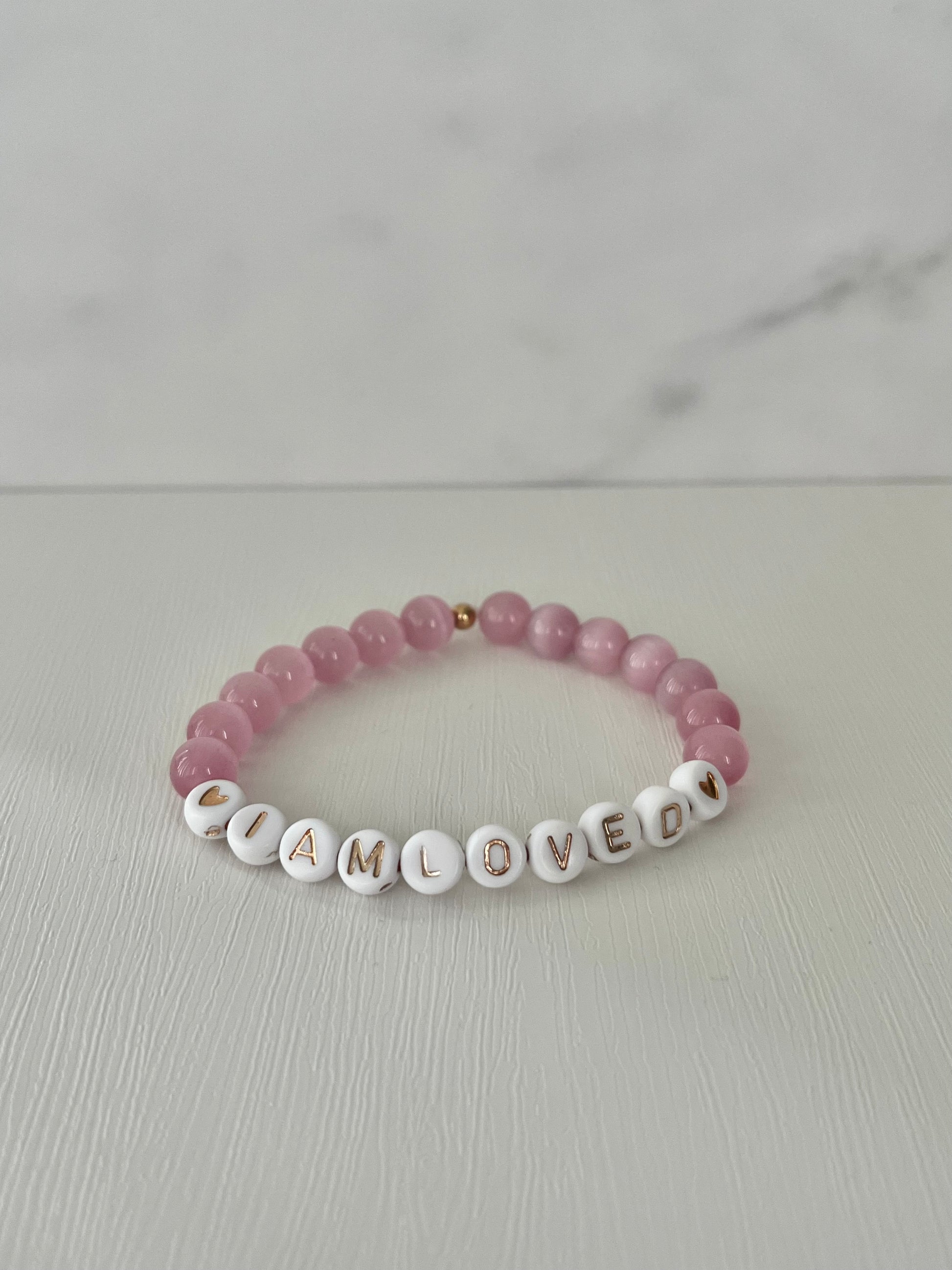 I AM LOVED pink opal or white faceted bead stone bracelet