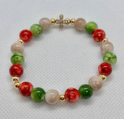 Jeweled Christmas gold cross or Christmas marbled beaded bracelet/ multiple colors and designs