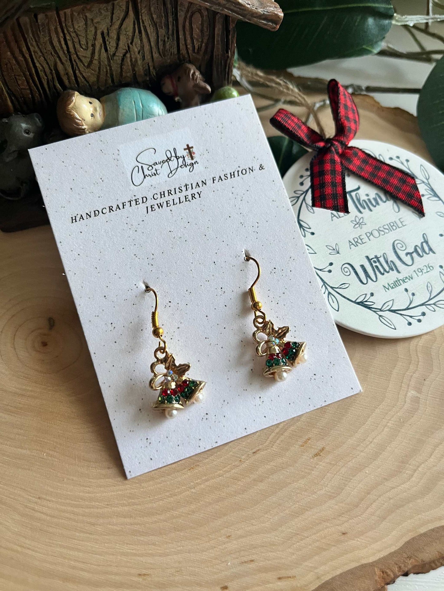 Jeweled gold Christmas bell earrings, festive holiday jewelry
