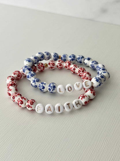 Floral Ceramic Bead Bracelet Set with Faith and Love Beads

