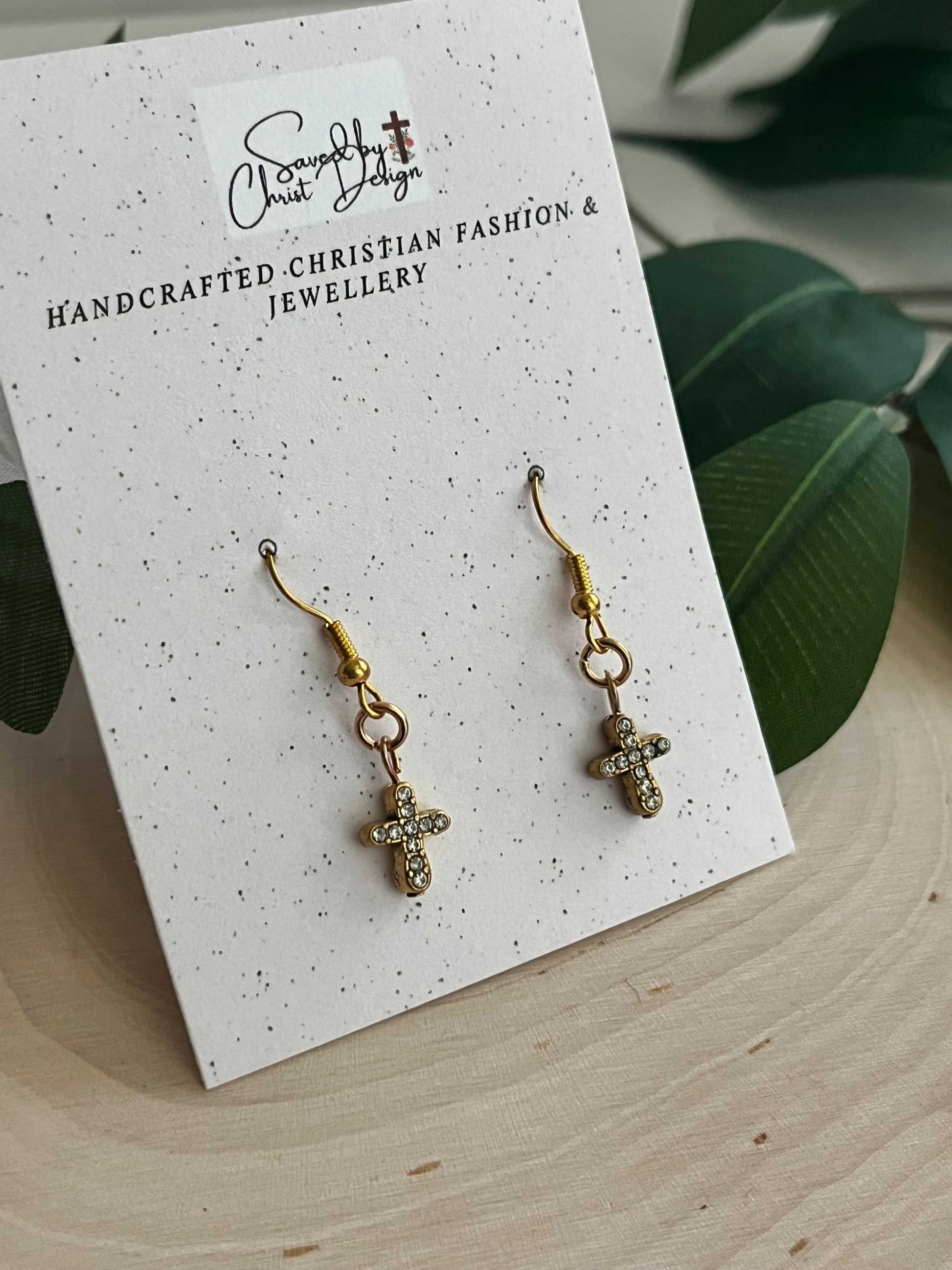 Gold Earrings with jeweled cross design – Christian jewelry by Saved by Christ Design.

