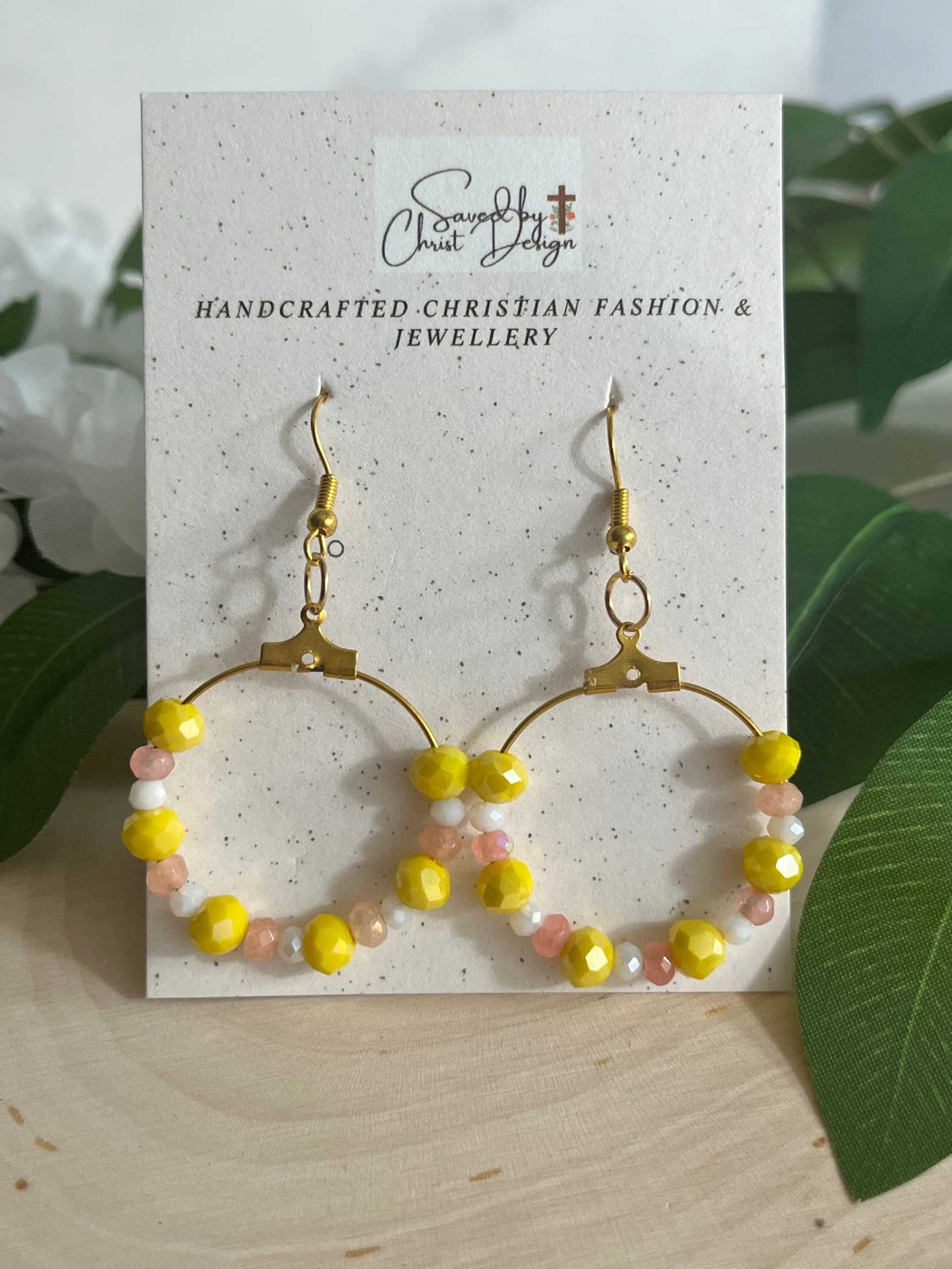 Peach Gold Hoop Earrings with yellow and peach faceted glass beads, elegant jewelry for daily wear
