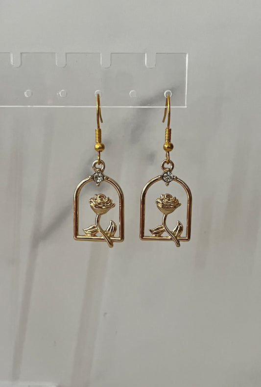 Gold jeweled rose hook earrings