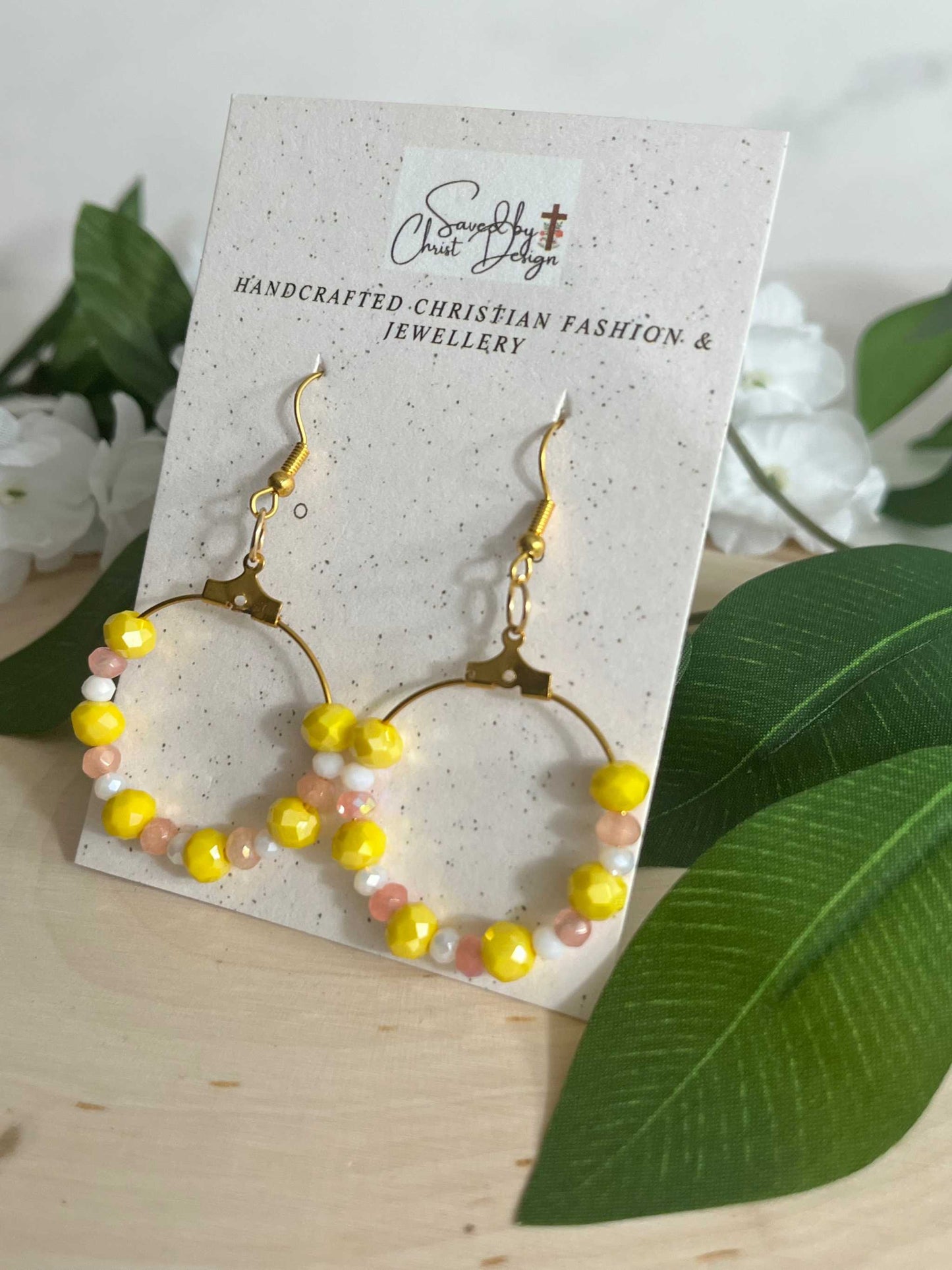 Peach Gold Hoop Earrings with yellow and peach faceted glass beads, elegant jewelry for daily wear
