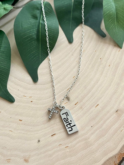 Silver Necklace with sterling cross pendant and faith charm – Christian jewelry.

