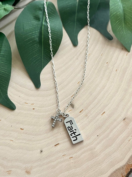 Silver Necklace with sterling cross pendant and faith charm – Christian jewelry.

