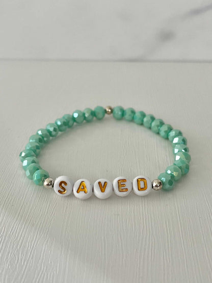 Saved Beaded Bracelet with mint or blue white jade faceted beads, faith-inspired jewelry