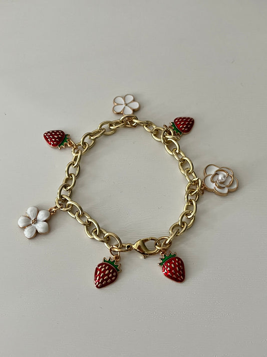 Gold strawberry floral charm bracelet