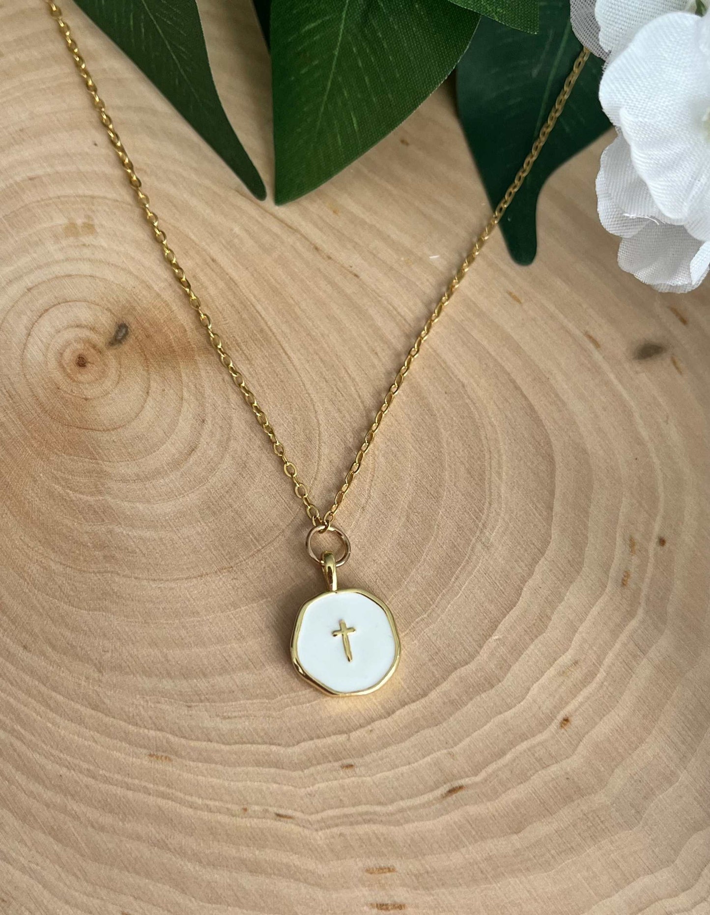 Gold Necklace with 16K White Cross Pendant