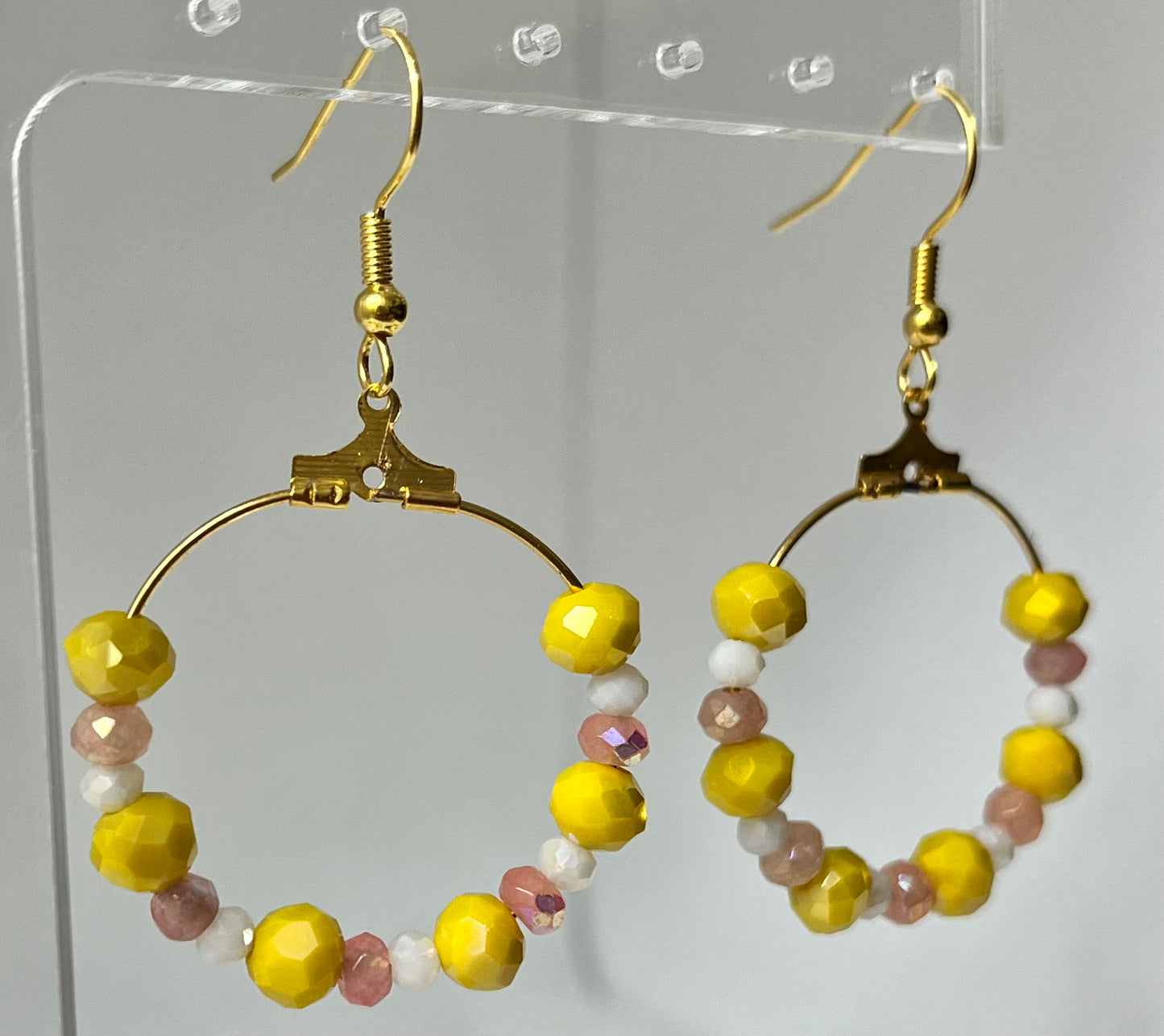 Yellow peach faceted glass gold hoop earrings