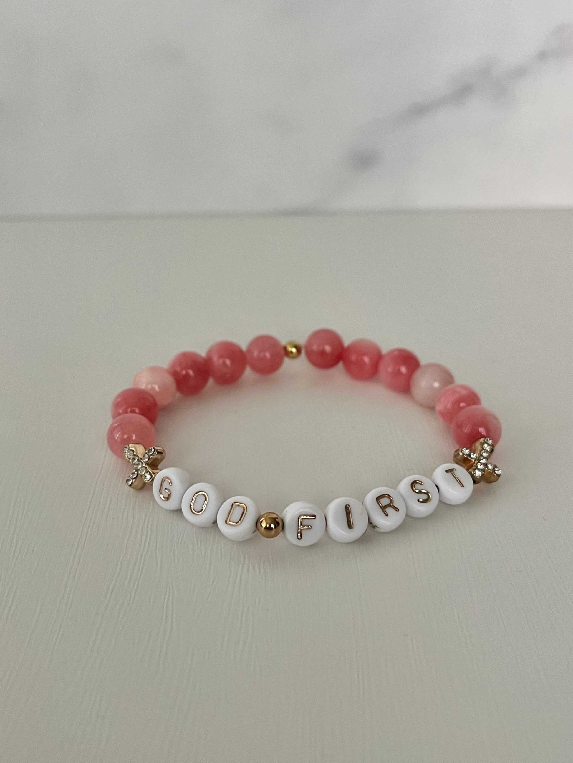 God First Bracelet with pink glass beads and jeweled crosses, faith-inspired jewelry