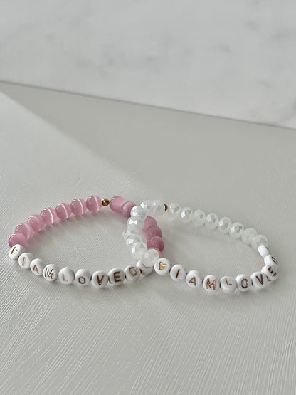 I AM LOVED pink opal or white faceted bead stone bracelet