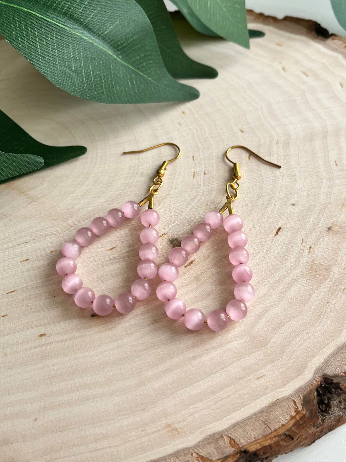 Pink Cat Eye Gold Opal Drop Earrings