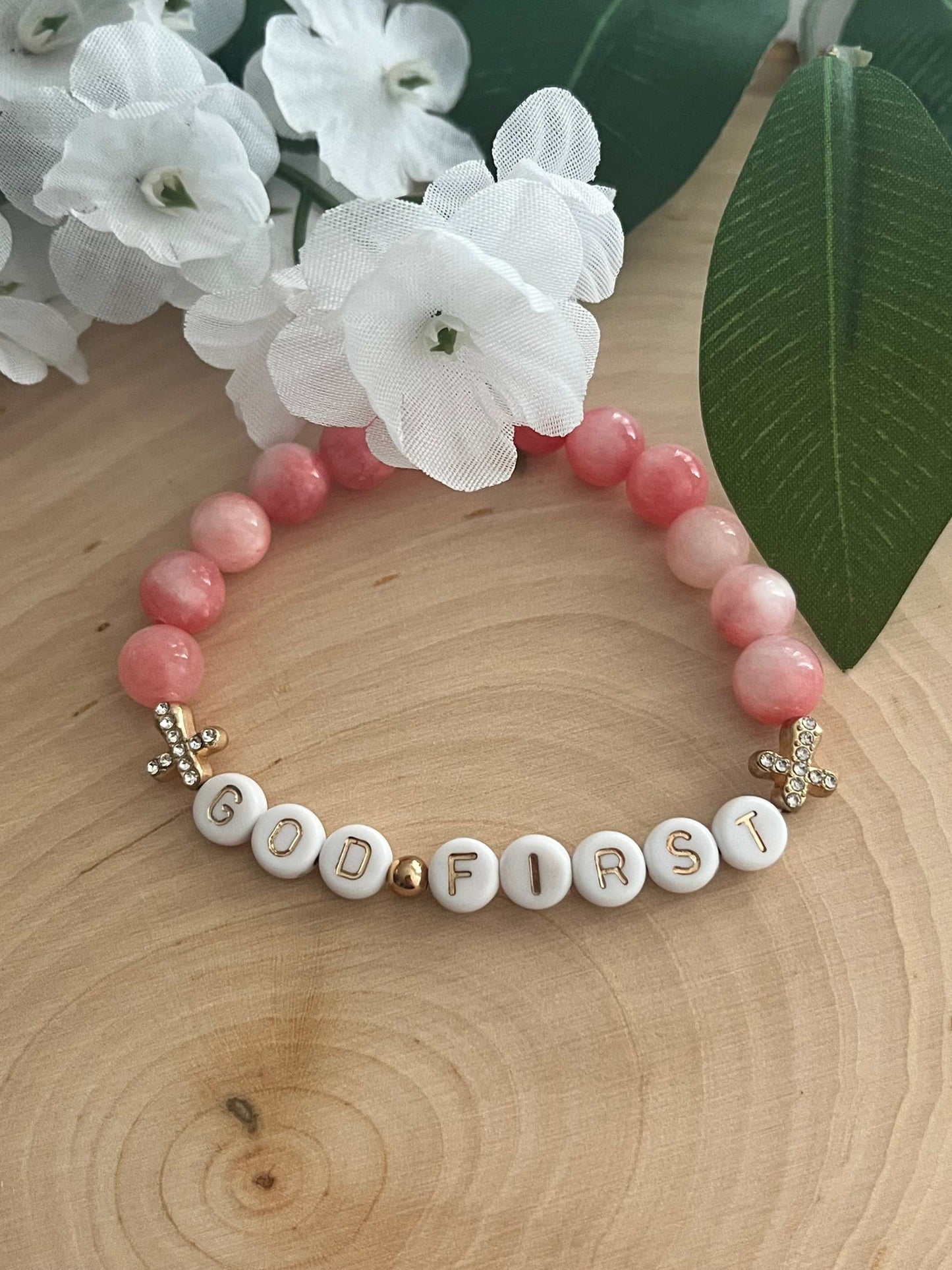 God First Bracelet with pink glass beads and jeweled crosses, faith-inspired jewelry