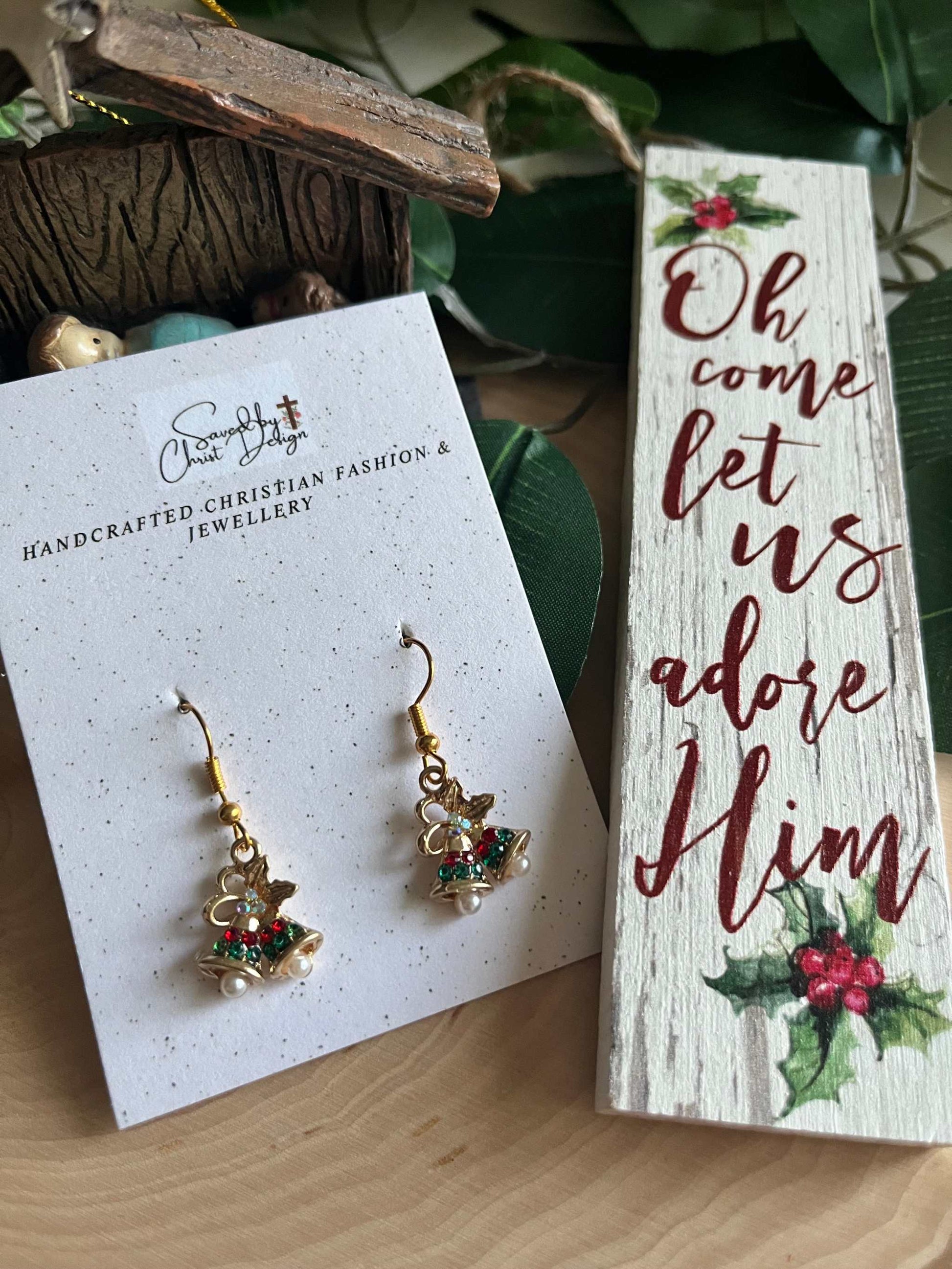 Jeweled gold Christmas bell earrings, festive holiday jewelry
