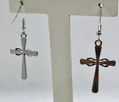 Silver jeweled cross hook earrings