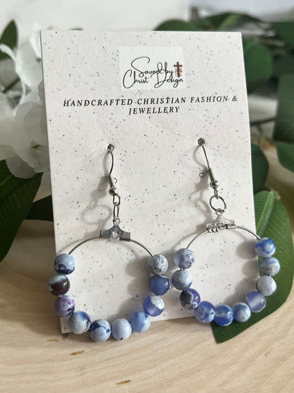 Blue White Agate Earrings, natural stone jewelry for women
