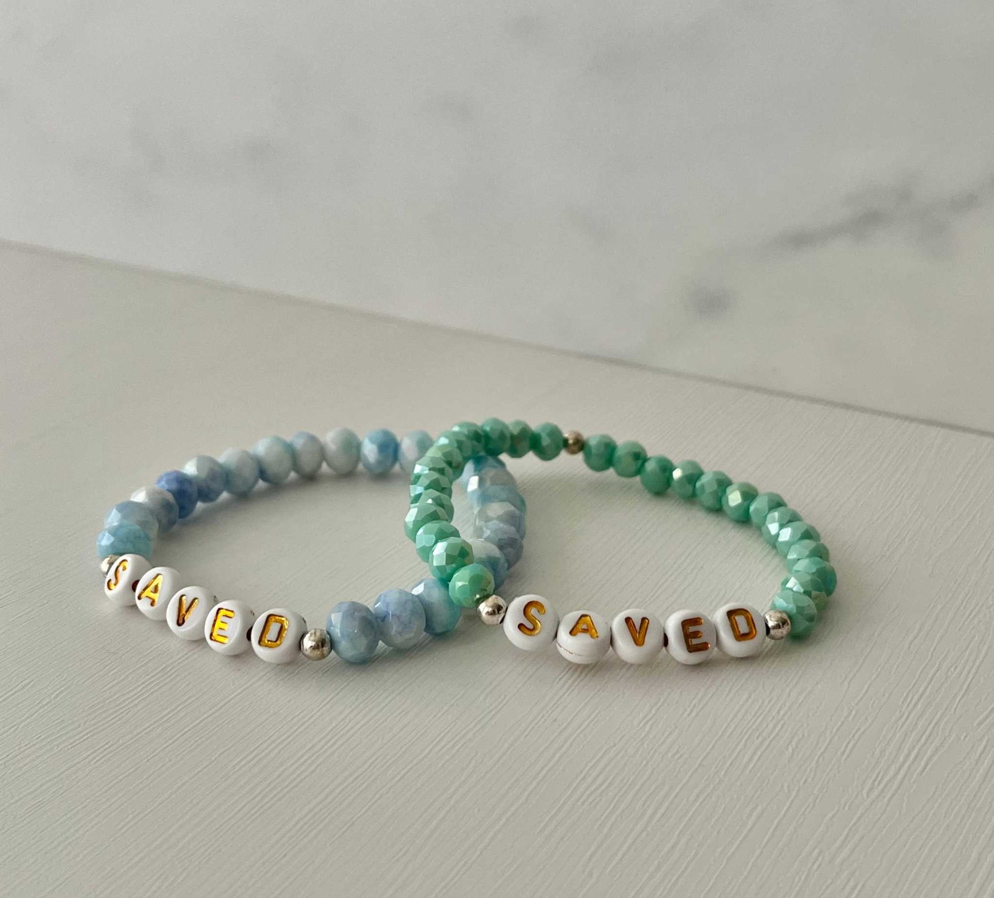 Saved Beaded Bracelet with mint or blue white jade faceted beads, faith-inspired jewelry