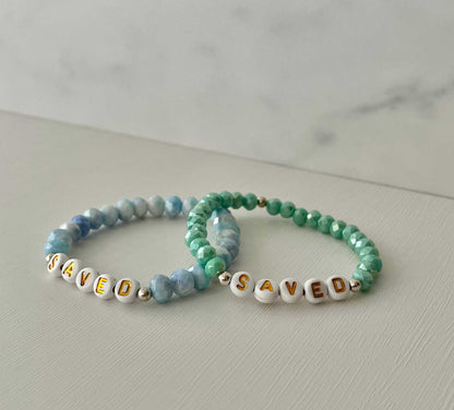 Saved Beaded Bracelet with mint or blue white jade faceted beads, faith-inspired jewelry