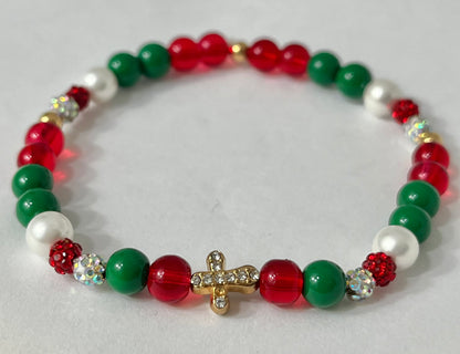 Jeweled Christmas gold cross or Christmas marbled beaded bracelet/ multiple colors and designs