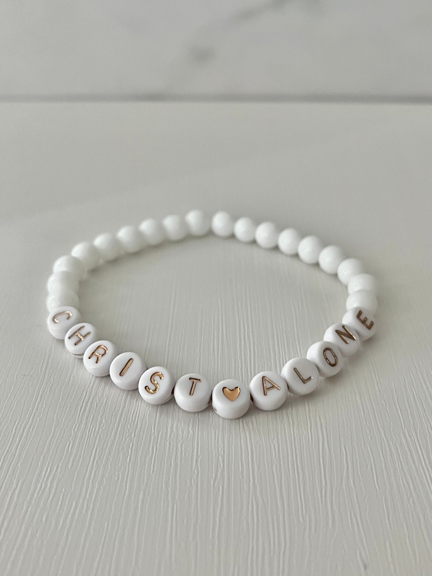 Christ Alone white stone or peach faceted beaded bracelet