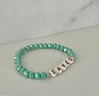 Saved Beaded Bracelet with mint or blue white jade faceted beads, faith-inspired jewelry