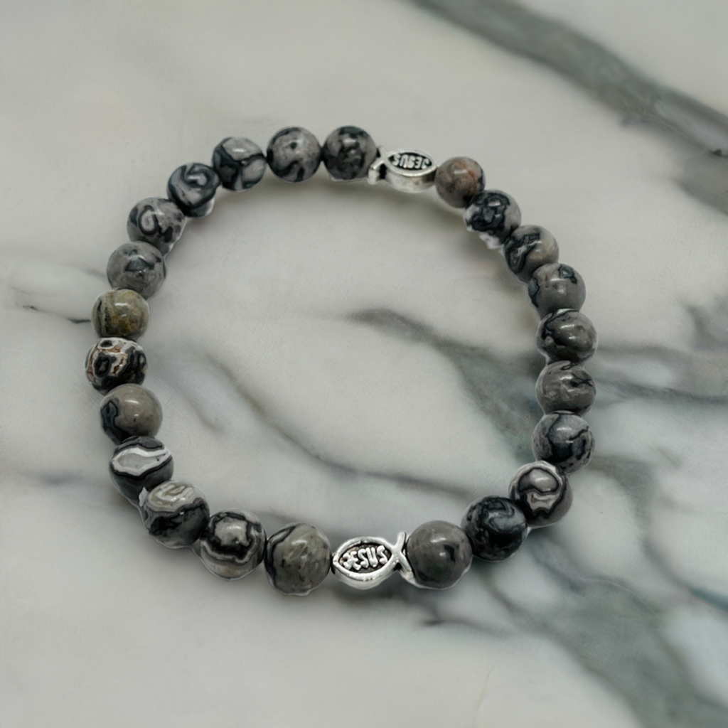 Gray Marble Jesus Fish Bead Bracelet - Spiritual Christian Jewelry