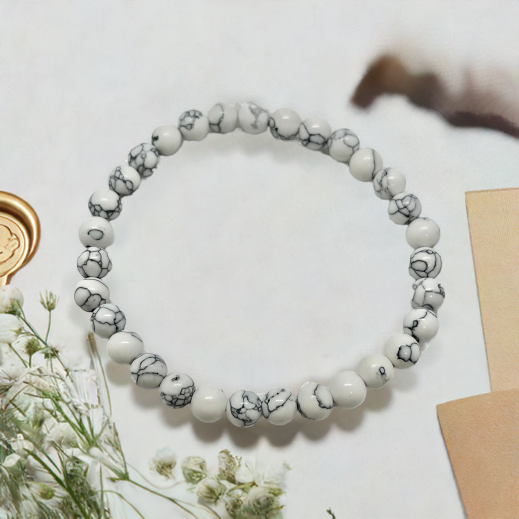 White Marble Bead Bracelet - White and Grey Marble Stone Bead Jewelry