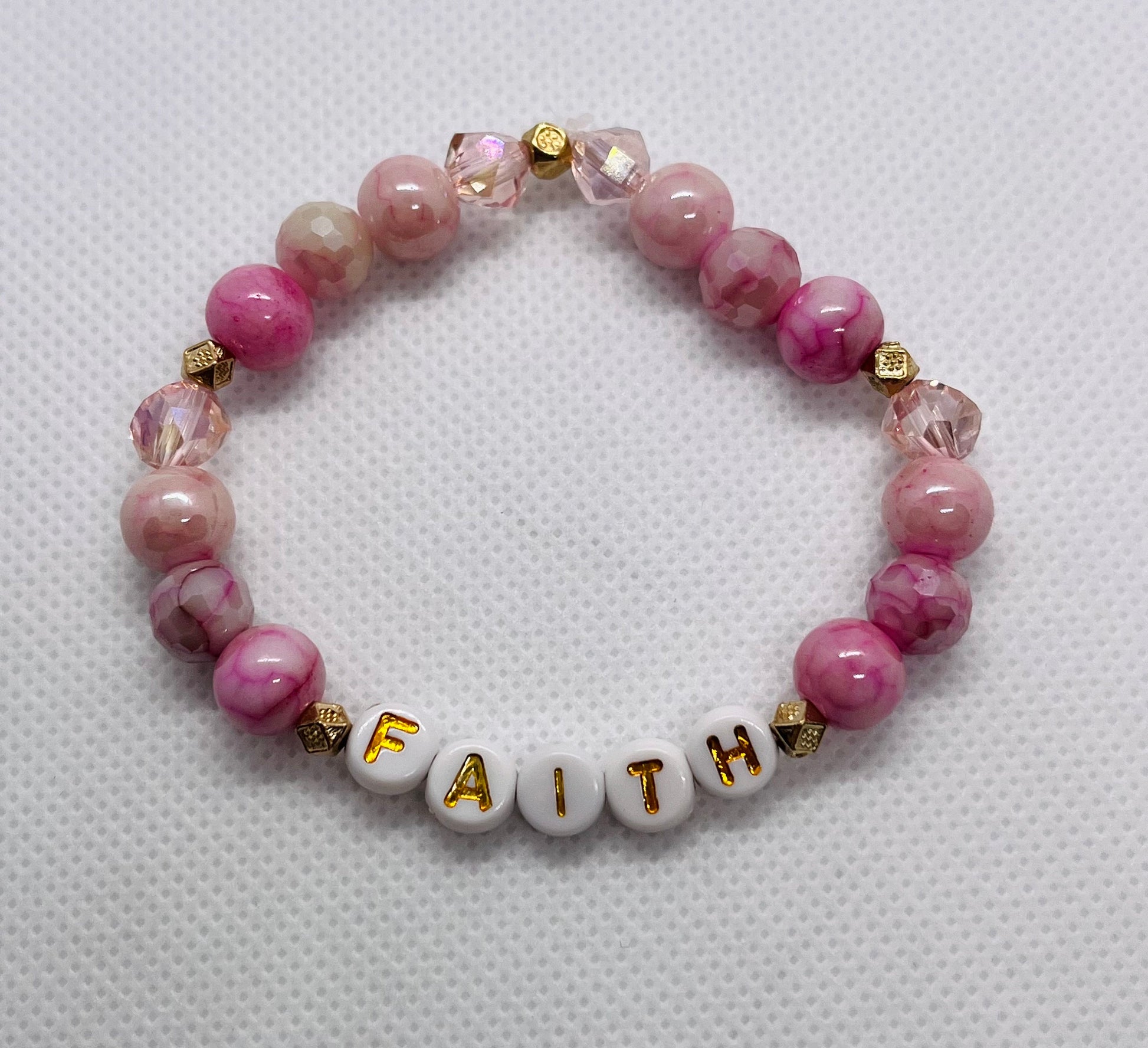 Rose pink Faith crystal marble bracelet, unique bracelet, womens bracelet, beaded bracelet, pink bracelet, religious bracelet, stone