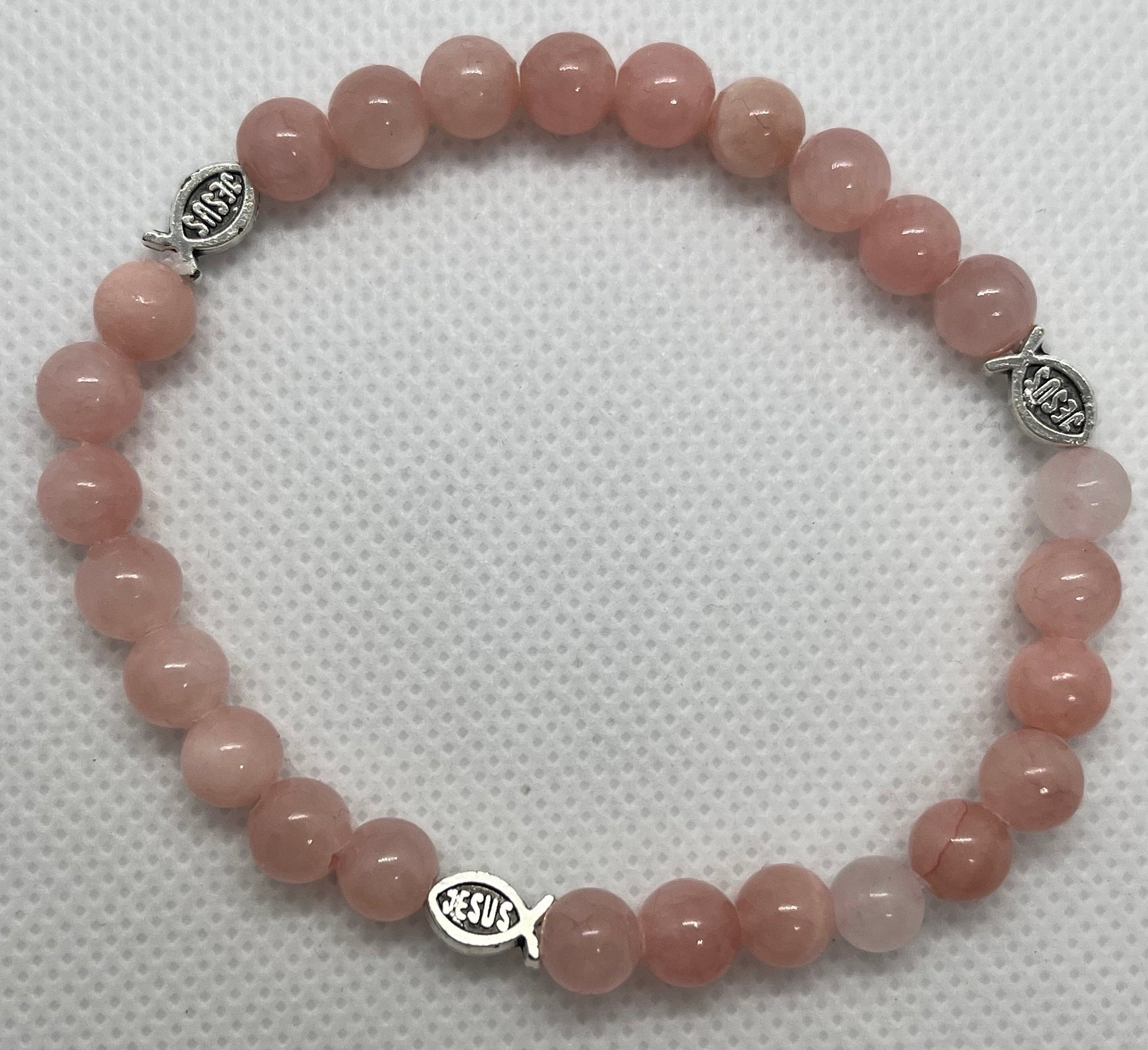 Rose stone Jesus fish style charms beaded bracelet, womens bracelet, stack bracelet, bead stone bracelet, stretchable bracele