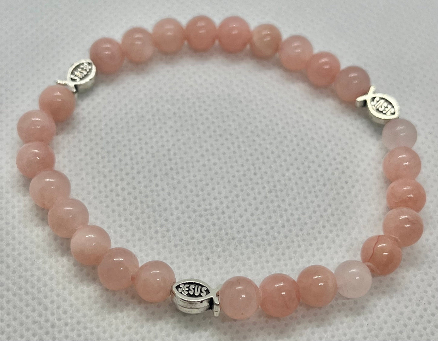 Rose stone Jesus fish style charms beaded bracelet, womens bracelet, stack bracelet, bead stone bracelet, stretchable bracele