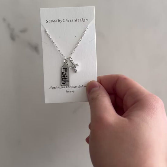 Silver Necklace with sterling cross pendant and faith charm – Christian jewelry.