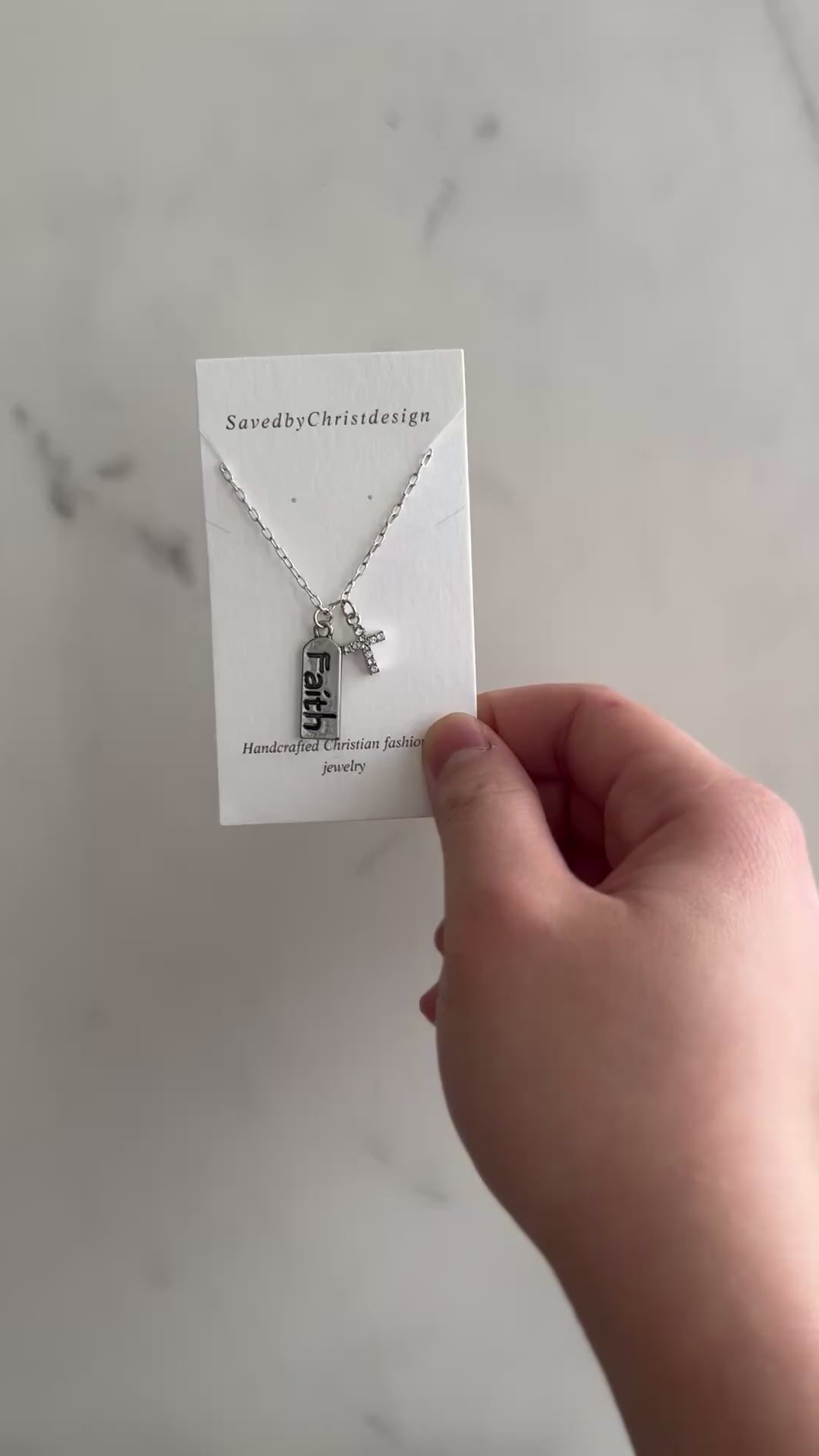 Silver Necklace with sterling cross pendant and faith charm – Christian jewelry.