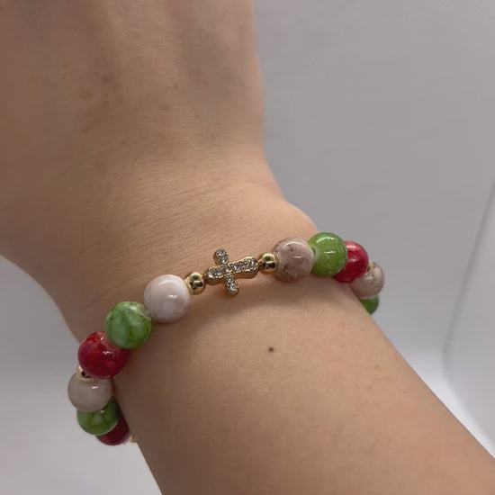 Jeweled Christmas gold cross or Christmas marbled beaded bracelet/ multiple colors and designs