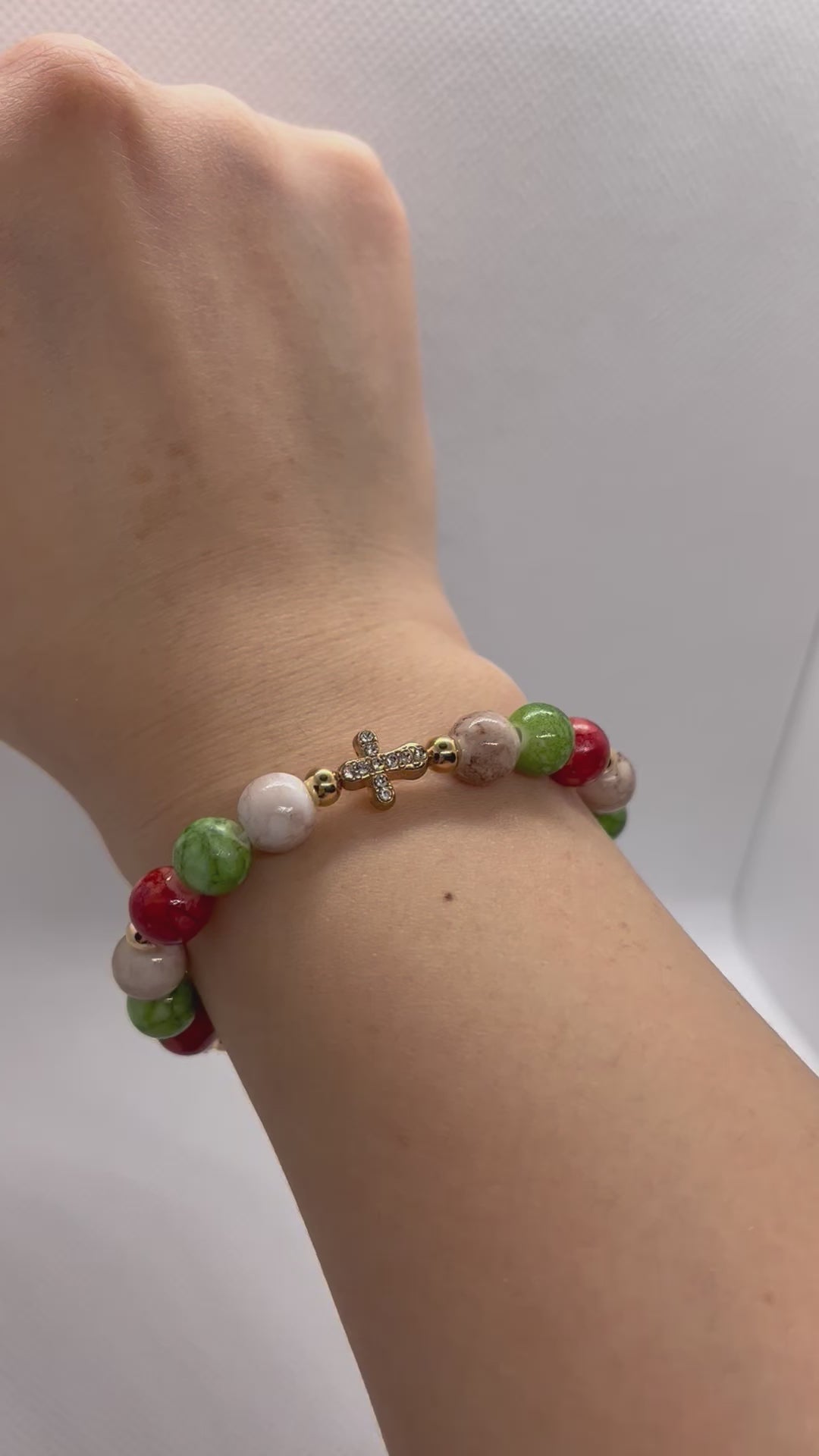 Jeweled Christmas gold cross or Christmas marbled beaded bracelet/ multiple colors and designs