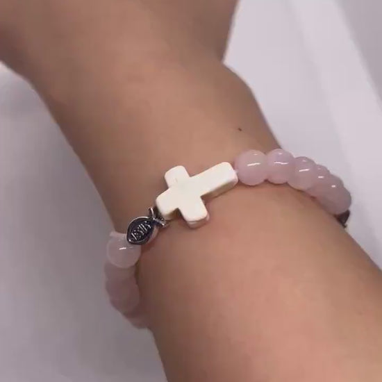 Rose quartz stone bead bracelet with Christian Jesus fish and cross charms