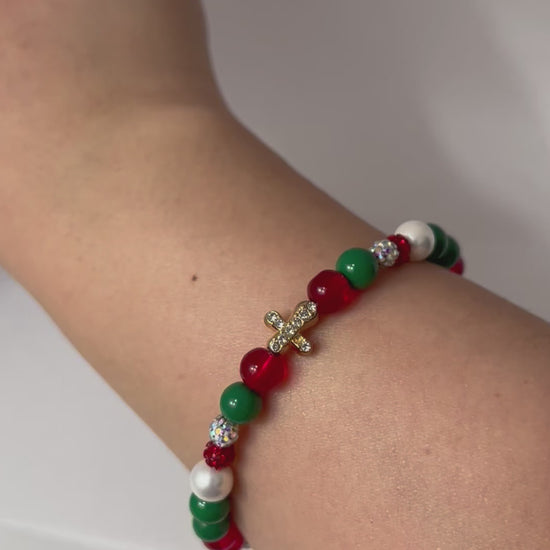 Jeweled Christmas gold cross or Christmas marbled beaded bracelet/ multiple colors and designs