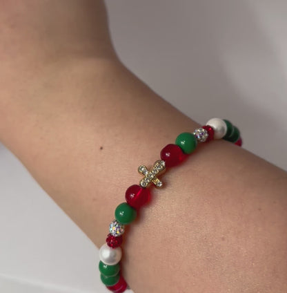 Jeweled Christmas gold cross or Christmas marbled beaded bracelet/ multiple colors and designs