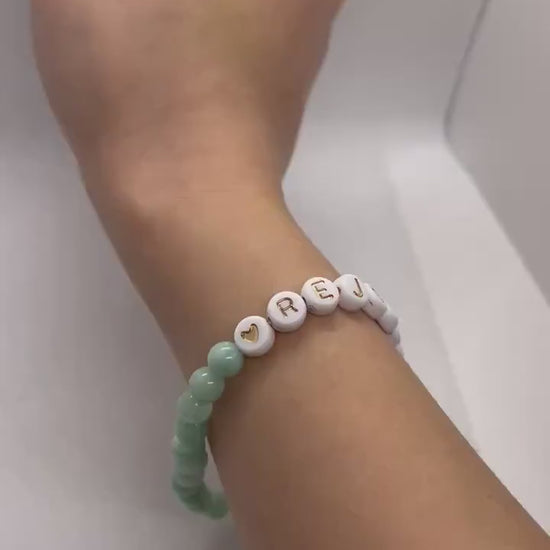 Green Jade REJOICE stone bracelet, religious bracelet, bead stone bracelet, handmade bracelet, bracelet for women, stretch bracelet, stone