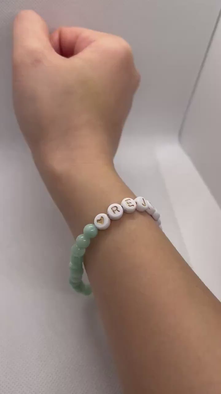 Green Jade REJOICE stone bracelet, religious bracelet, bead stone bracelet, handmade bracelet, bracelet for women, stretch bracelet, stone