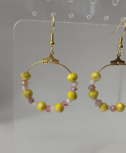 Yellow peach faceted glass gold hoop earrings