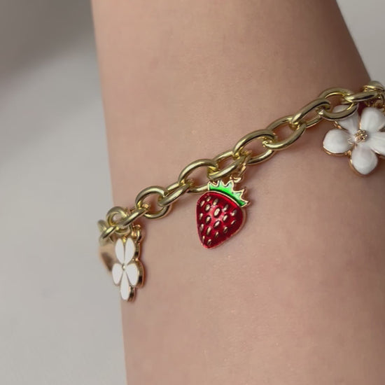 Gold strawberry floral charm bracelet