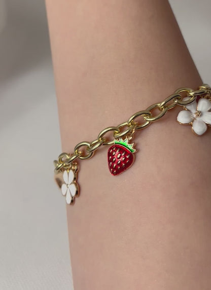 Gold strawberry floral charm bracelet