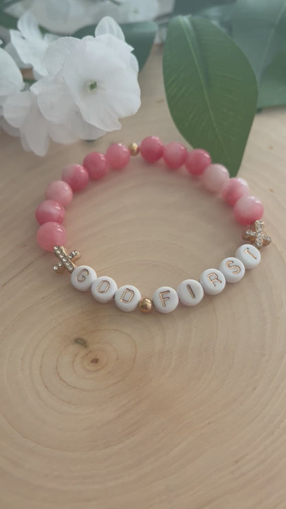 God First Bead Bracelet - Pink Glass Beads with Jeweled Crosses