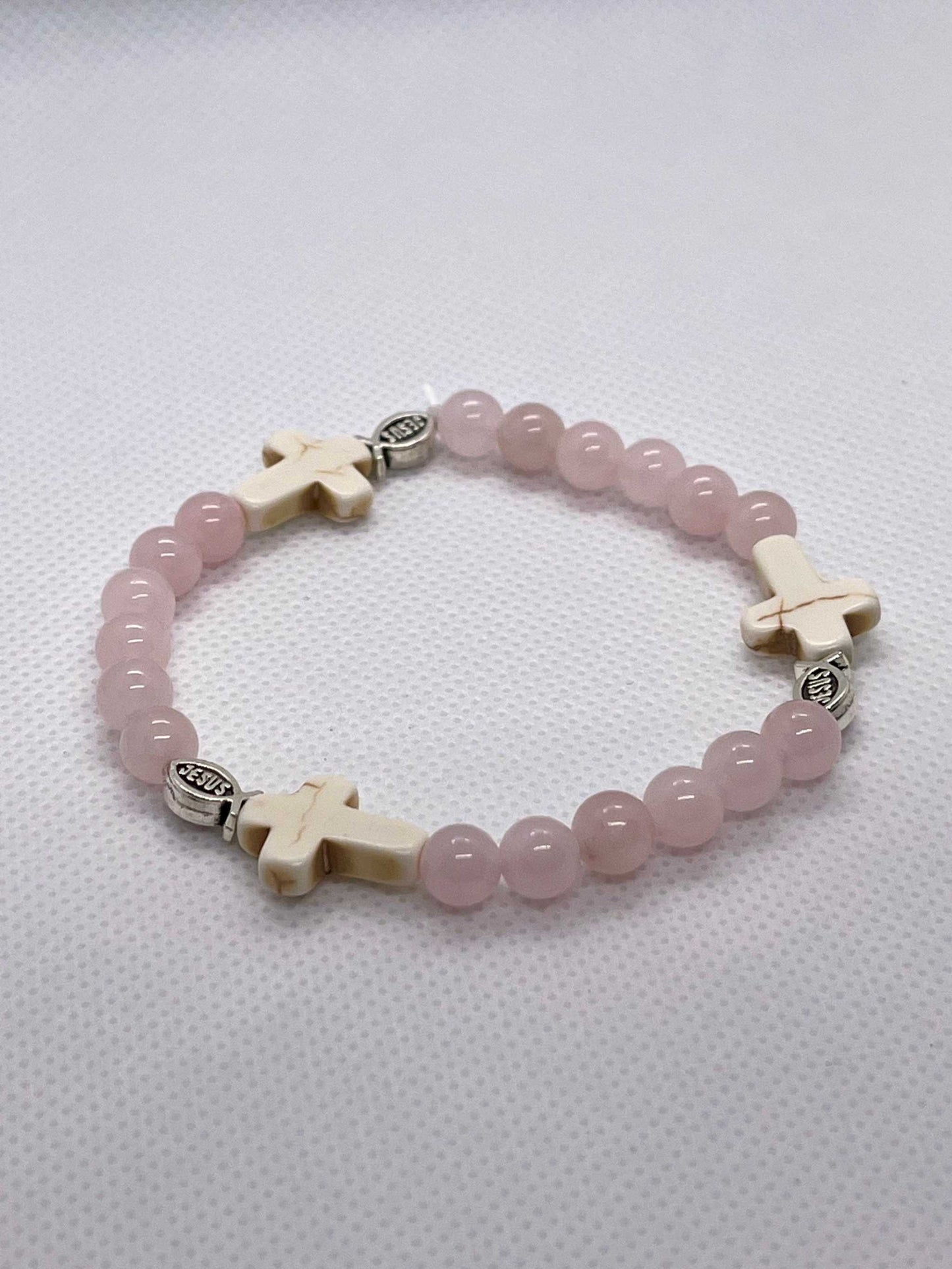 Rose Quartz Bead Bracelet with Jesus Fish and Cross Charms – Christian Jewelry

