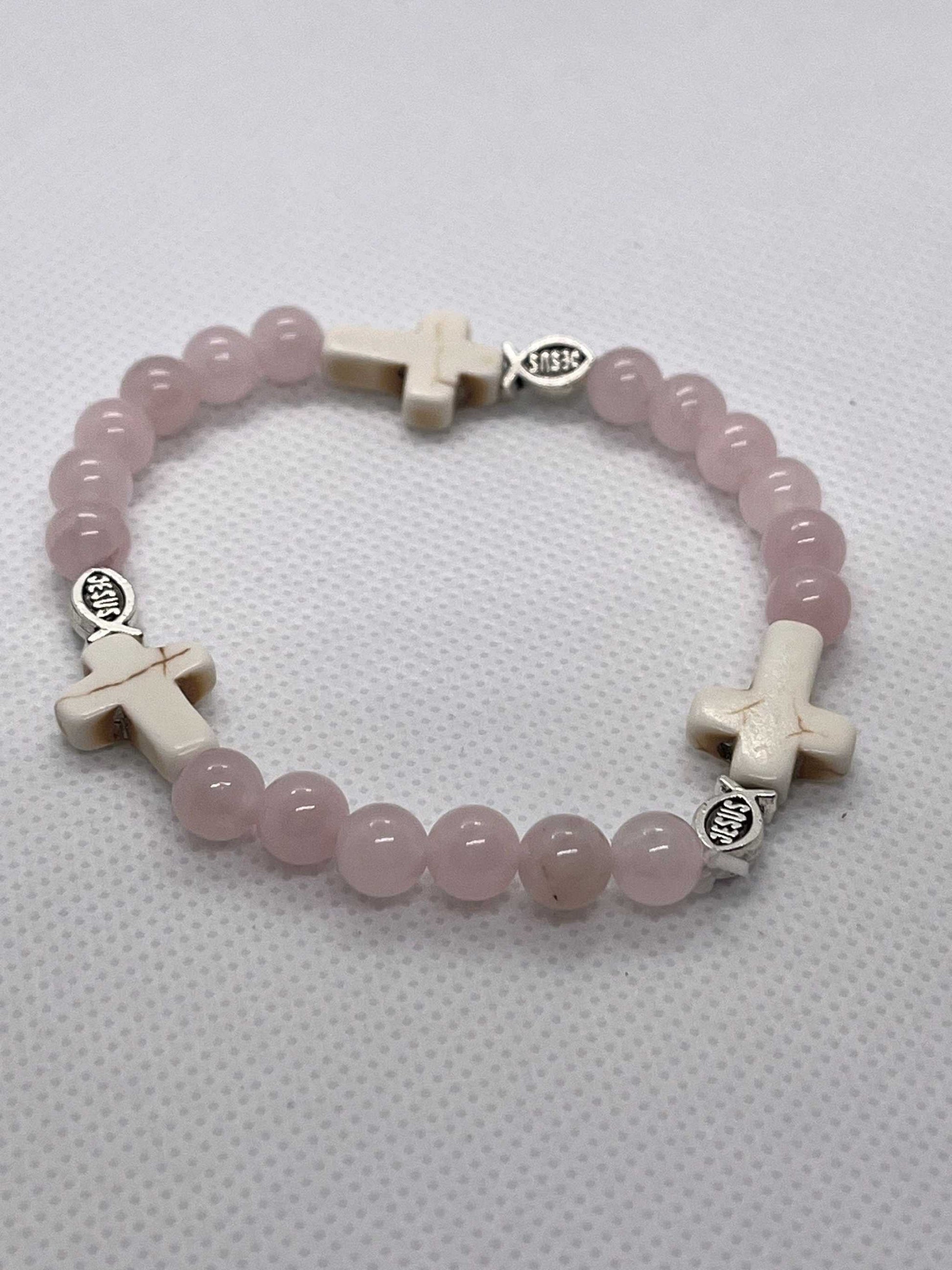 Rose Quartz Bead Bracelet with Jesus Fish and Cross Charms – Christian Jewelry

