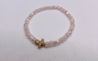 Pink crystal glass beads bracelet with gold cross, handmade bracelet, beaded bracelet, womens bracelet, spiritual bracelet, pink bracelet